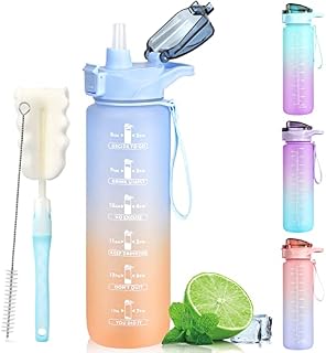 Motivational Water Bottles 1L BPA Free, Sport Drinks Jug with Time Marking & Lock Cover, Leak Proof Water Bottle with Straw and Brush, Portable Strap Blue Water Bottle with Brush