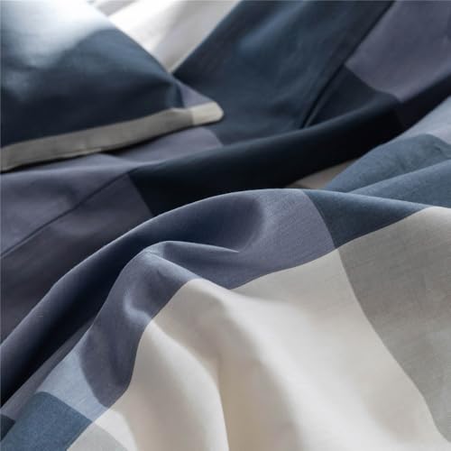 Image of Queen Comforter Set Modern Style Checkered Pattern Comforter Set Boho Farmhouse Blue White Grey Geometric Plaid Comforter with 2 Pillowcases Soft Fluffy 3 Pieces Lightweight Bedding for All Seasons