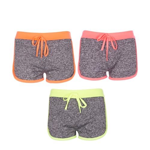 NOROZE Women's Gym Fleck Summer Holiday Hotpants Ladies Workout Casual Activewear Shorts (3Pack - Pink-Lime-Coral, L)