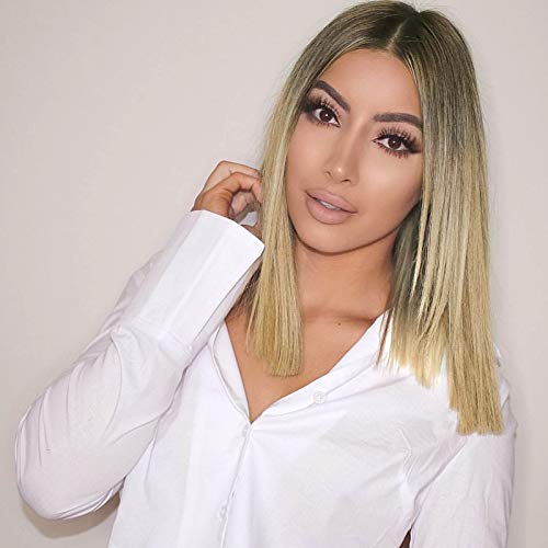 FESHFEN Ombre Black Blonde Straight Synthetic Wigs 16 inch Natural Shoulder Length Middle Part Daily Cosplay Wigs For Women