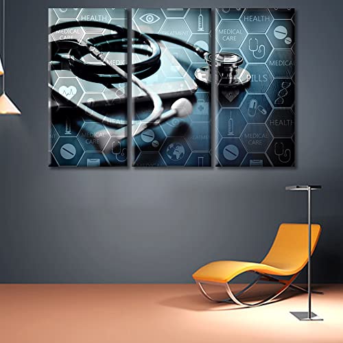 Image of TUMOVO Canvas Wall Art Medicine Concept with Modern Laptop Poster Wall Art Canvas Print 3 Pieces Medical Network Artwork Paintings Wall Decor for Bedroom Framed Ready to Hang, 60 inch Wx40 H