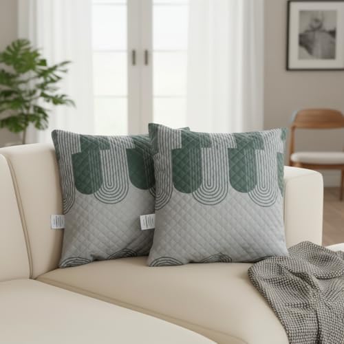 Image of STITCHNEST 'QuadraNest' Series Printed Quilted Velvet Cushion Cover 16x16 Inch Set of 2 | Premium Soft Fabric, Washable & Fade Resistant | Decorative Living Room Cushion Covers | Green & White Wave