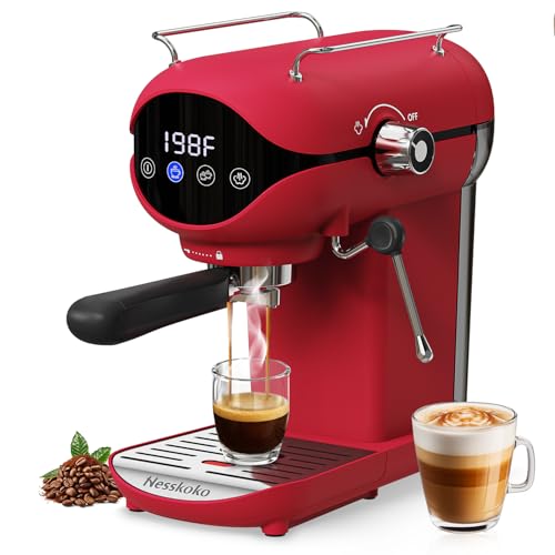 Nesskoko Espresso Machine with Steam Milk Frother Semi Automatic 20 Bar Compact Red with Touch Screen for home Cafetera Espresso