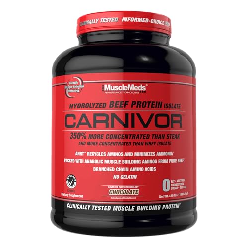 Top Beef Protein Powder Supplement Brands Compared MuscleMeds CARNIVOR Beef Protein Isolate Powder, Muscle Building, Recovery, Lactose Free, Sugar Free, Fat, Free, 23g Protein, Halal Certified, Chocolate, 56 Servings