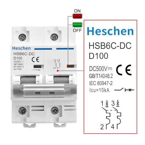 Heschen DC Leitungsschutzschalter, HSB6C-DC, 2-polig, DC500V 100A, Photovoltaik-Leitungsschutzschalter, für Solar-PV-Anlage, Solarpanel-Gittersystem, 35 mm DIN-Schienenmontage