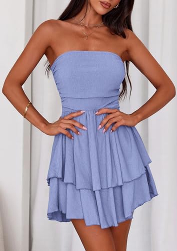 Image of PRETTYGARDEN Women's 2026 Summer Strapless Tube Mini Dress Off Shoulder Smocked Ruffle A Line Flowy Short Party Club Dresses