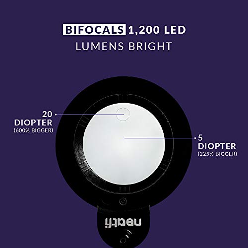 (New Model) Neatfi XL Bifocals 1,200 Lumens Super LED Magnifying Lamp with Clamp, 6 Inches Wide Lens, 4 Level Brightness, Correlated Color Temperature Control, 12W, 120 Pcs SMD LED (Black)