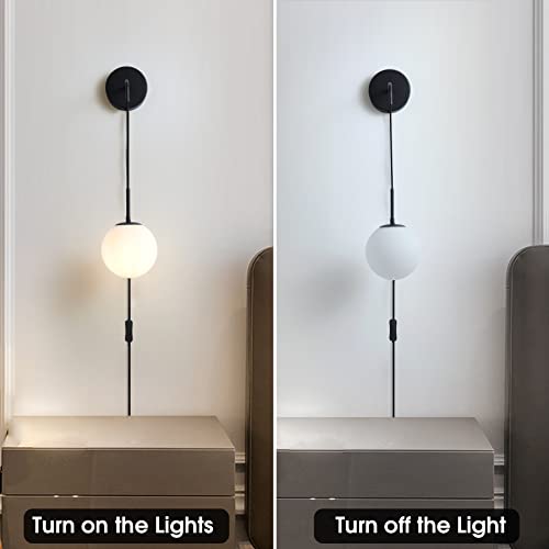 Wall Sconces Set Of Two,Plug In Wall Sconces,Matte Black Wall Lamp With Plug In Cord And On/Off Switch Hanging Indoor Wall Mounted Lights For Bedroom Living Room,Globe Glass Shade, No Wiring Required #TOP5