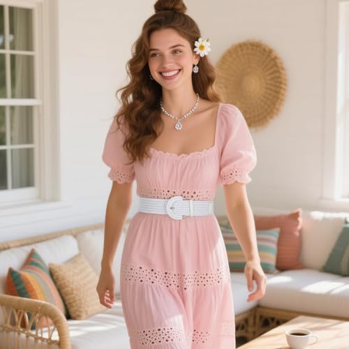 Image of SANSTHS Women Wide Woven Belt for Dresses Fashion Rattan Braided Waist Belt Straw Raffia Boho Belt for Jeans