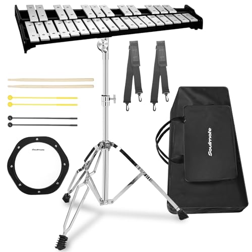 Image of Soulmate 30 Notes Glockenspiel Xylophone Bell Kit with 8'' Drum Practice Pad Professional Percussion Instrument for Adults & Beginner Students