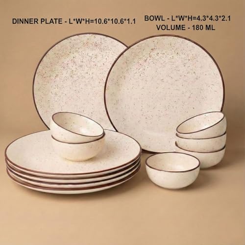 Image of Freakway Rustic Speckled Ceramic Dinner Set - 12 Pc (6 Plates, 6 Bowls) - Beige with Brown Rim
