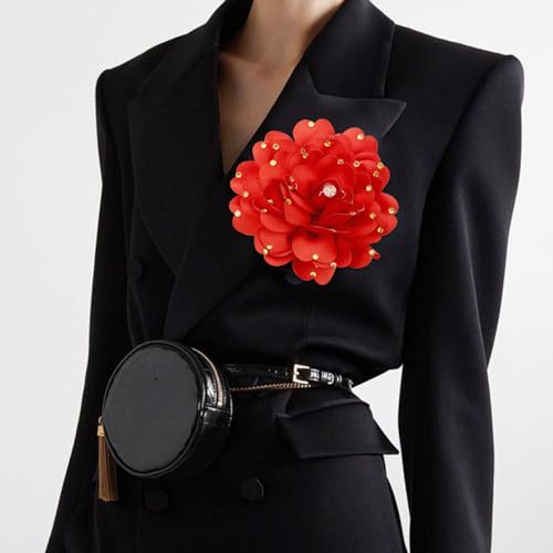 Image of Elegant Large Rose Flower Brooches Lapel Pins Handmade Dainty Satin Fabric Pearl Brooches Big Camellia Flower Brooch Pin for Women Wedding Part Dance Dress Suit Clothes Accessories Prom Jewelry