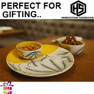 Image of HS HINDUSTANI SAUDAGAR Sunset Leafstone Ceramic Plate and Bowl dinnerware Sets Plates for Dinner Pasta Breakfast & katori Dinner Set Ideal Dining Table Kitchen Design for Daily use and Gifting.