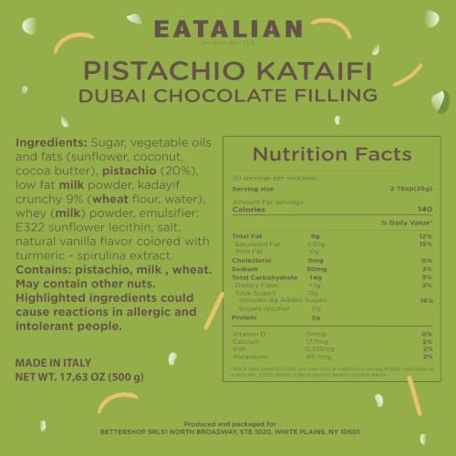 Image of EATALIAN by AMZ BETTER Pistachio Cream with Kataifi, 17.63 oz /500 gr, Delicious Spreadable Cream with Sweet and Unique Taste, Perfect with Ice Creams, for Filling Cakes and Dubai Chocolate, Made in Italy
