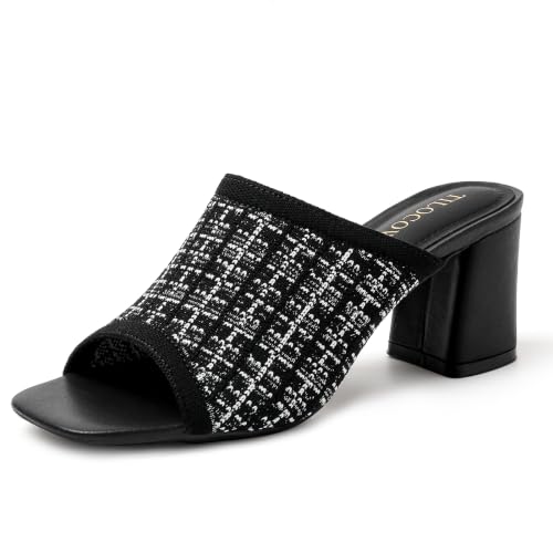 Image of Tilocow Knit Heeled Sandals for Women Square Open Toe Heeled Mules Chunky Block Low Heel Slip On Slides