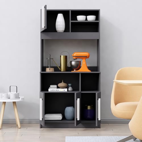 Image of Bniture Multipurpose Kitchen Cabinet | Engineered Wood Crockery Cabinet Modern with 4 Doors and Open Shelves | Crockery Unit for Dining Area | Kitchen Crockery Cabinet for Home | Slate Grey