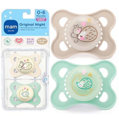 Image of MAM Original Baby Pacifiers 0-6 Months, Binky for Newborn Babies, BPA-Free Skin Soft Silicone Nipple, Glows in The Dark, Developed with Medical Experts, 2 Count, Sterilizer Case, Made in Europe