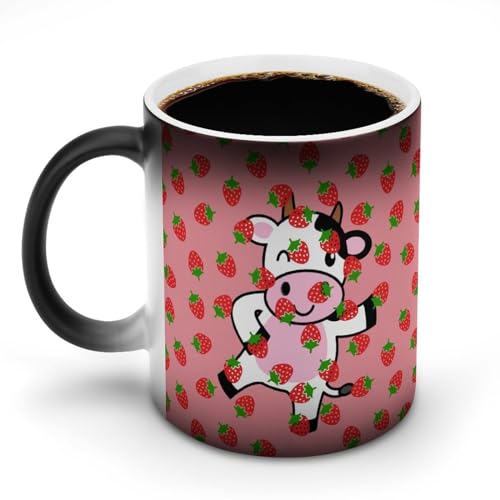 マグカップ 癒し 可愛い いちご 牛 熱で色が変わる コーヒーカップ 変色カップ セラミック 耐熱 350ml 大容量 ティー マジック ハンドル付き 人気 おしゃれ 陶器 オフィス用 家庭用 贈り物