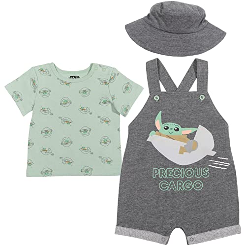 Image of STAR WARS Chewbacca R2-D2 Yoda Baby French Terry Short Overalls T-Shirt and Hat 3 Piece Outfit Set Newborn to Infant