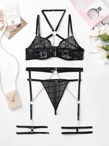 Image of Lilosy Sexy Pu Leather Strappy Underwire Garter Belt Lingerie Set