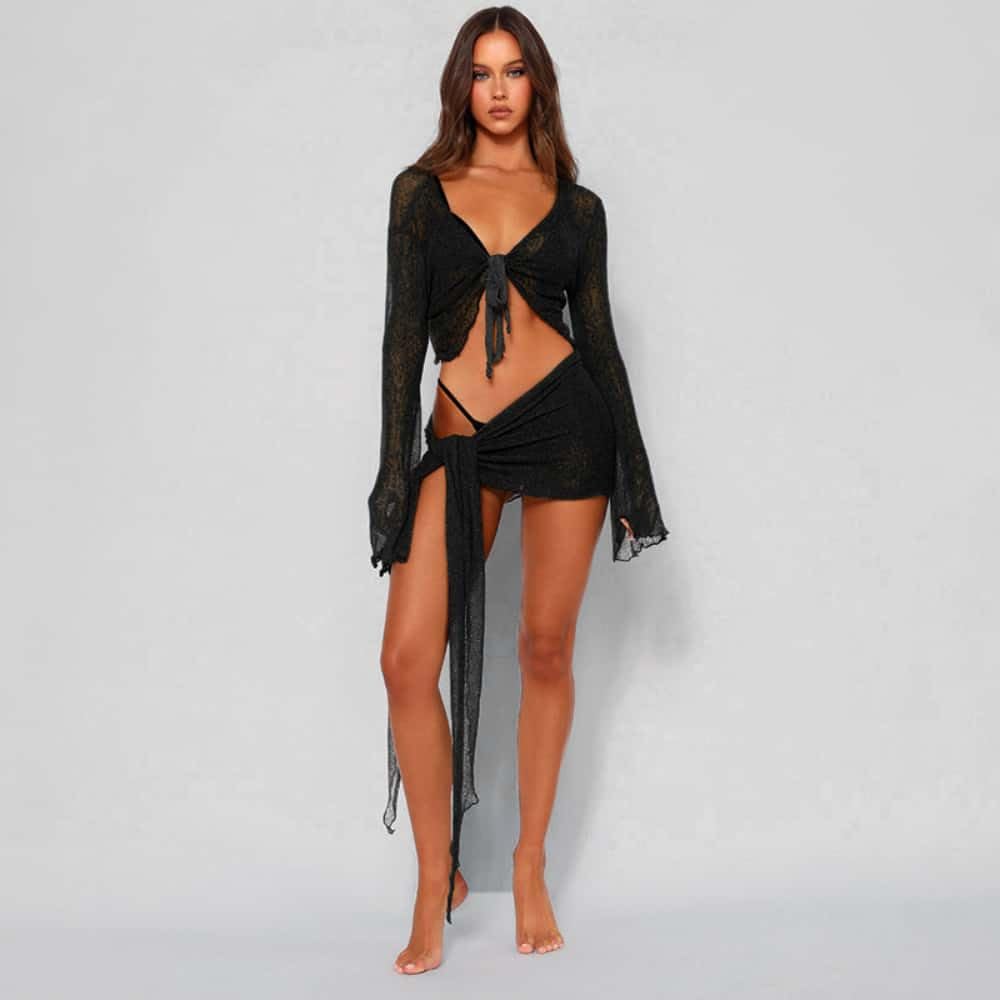 Conjunto de 2 piezas para mujer, traje de malla para natación, playa, manga larga, ombliguera y minifalda