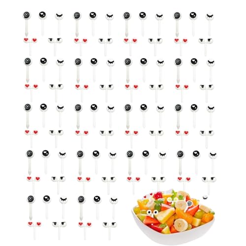 90 Stück Augen Fruchtspieße - Lustige Zuckeraugen & Brotausstecher für Kinder BPA-frei | Wiederverwendbare Plastikgabeln für Bento Box Zubehör & Essen Deko