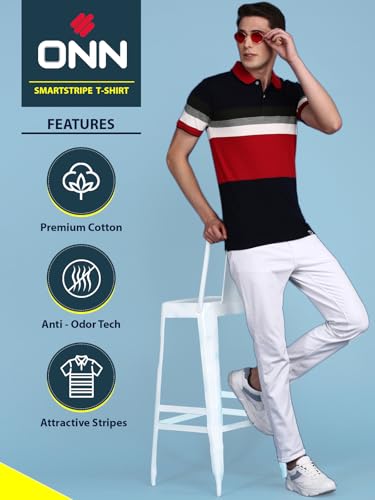 Image of ONN Men's Regular Fit Polo Neck Half Sleeve Striper T-Shirt | T-Shirt for Men