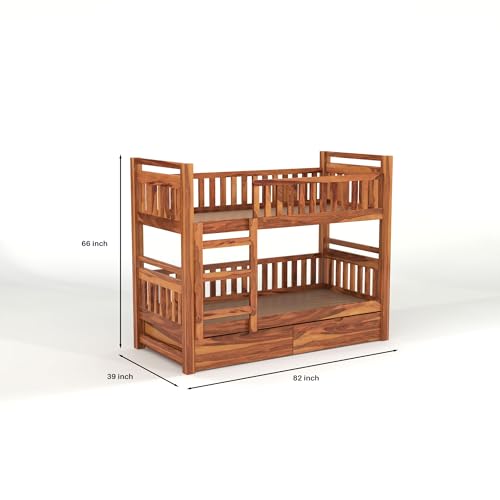 Image of Solid Sheesham Wood Bunk Bed Twin Over Bed with Ladder Wooden Bunk Bed with 2 Drawer Storage for Bedroom Living Room Home (Natural Finish)