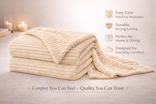 Image of WONJU Premium Ultra Soft Coral Fleece Blanket for Bed & Sofa | Warm Plush Ribbed Throw | Lightweight Cozy Winter Blanket | Machine Washable | Multiple Colors (Cream)