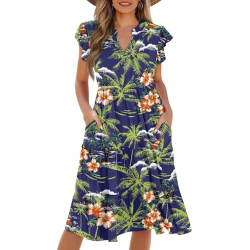 Image of Womens Summer Dress Ruffle Sleeve V Neck Dress Casual Fit Flowy Beach Vacation Sundress with Pocket S-2XL