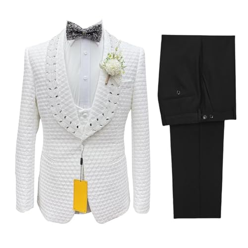 Men's 3 Piece Slim Fit Suit Set Crystal Beaded Tuxedo, Formal Wedding Suit White Jacquard Suits with Jacket Vest Pants