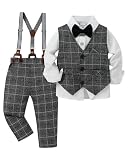 YUEMION Toddler Baby Boy Clothes Suits Gentleman Dress Shirt+Bowtie+Vest+Suspender Pants Boy Formal Wedding Outfits Set (White and Grey Grid,2-3T)