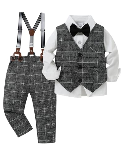 Image of YUEMION Toddler Baby Boy Clothes Suits Gentleman Dress Shirt+Bowtie+Vest+Suspender Pants Boy Formal Wedding Outfits Set 1-5T