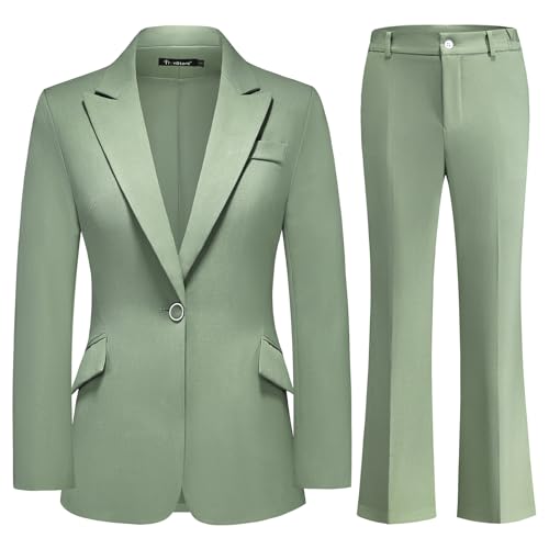 TRONSTORE Damen Anzug 2-teiliges Set Nadelstreifen-Blazer und Bootcut Dressy Pants Set für Arbeit Büro Business Outfits, Grün, Groß
