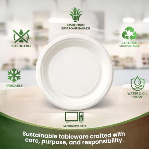 Image of Eco Aaroyaa Round Extra Large Bagasse 12 Inch Disposable Plates - Eco-Friendly Disposable Plates for food - Biodegradable disposable Plate, Strong and Sturdy, Oil & Water Resistant use and throw plates (Pack of 50)