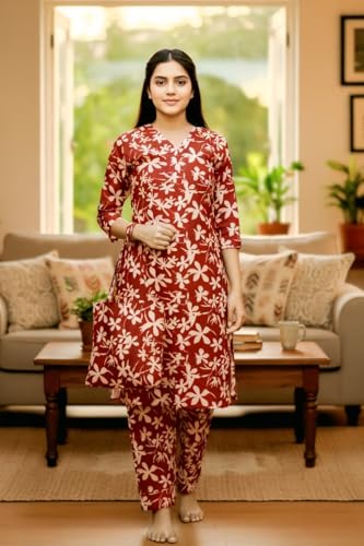Image of Vlazom Women's 3-Piece Cotton Cord Set with Matching Bag | Floral Printed Co-Ord Set with Kurta Top & Pants | Ethnic Cotton Coord for Women