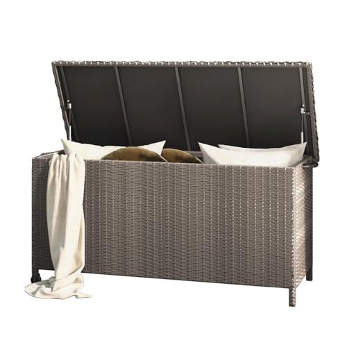 Grand patio Caja de almacenamiento de 108 galones para interiores y exteriores, contenedor de mimbre para muebles de patio, cojines, herramientas de jardín, accesorios de piscina, color gris