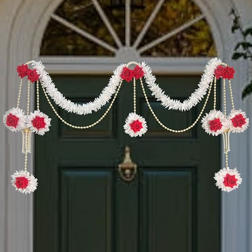 Image of Rajasthan Kraft Beautiful Decorative Red Rose, White Gajra & Beads Toran (40 Inch) Perfect for Home, Festive, Wedding & Event Decoration