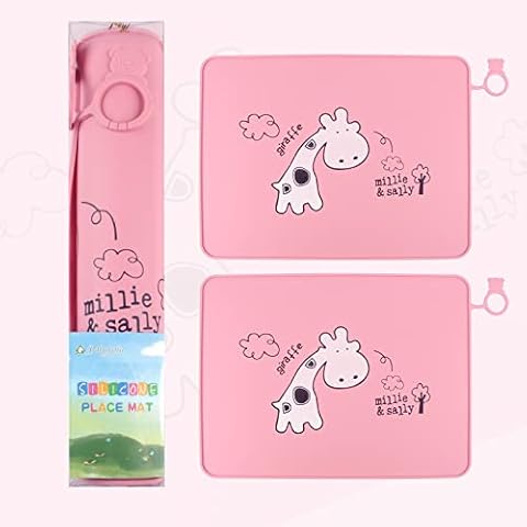 Set of 2 Silicone Children's Place Mats, Children's Placemat Personalised Place Mats with Animal Drawing, Baby Place Mat, BPA Free, 41 x 31 cm (Pink) Cover
