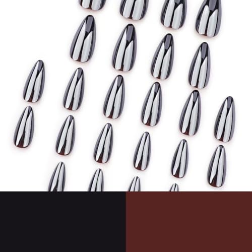 Image of Dark Black Press on Nails Medium Almond Fake Nails Chrome Nail Press ons with Design Glossy Glue on Nails Artificial Acrylic Full Cover Stick on Nails Cool False Nails for Women Girls Manicure 24Pcs