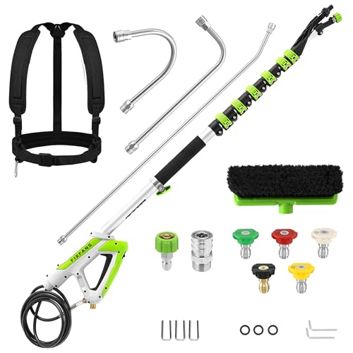 FIXFANS 21 FT Telescoping Pressure Washer Wand with Brush 4000 PSI Telescopic Power Washer Extension Wand 3 Gutter Cleaner Curved Rods 5 Nozzle Tips 2 Hose Adapters and Support Belt