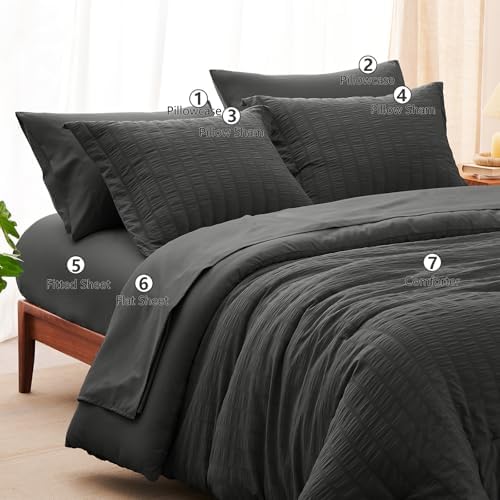 CozyLux King Size Comforter Set Dark Grey Seersucker 7 Pieces Bed in a Bag King Comforter Set with Sheets, Luxury Bedding Set with Down Alternative Comforter, Sheets, Pillowcases & Shams All Seasons