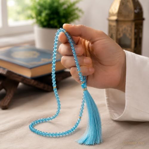 Image of Islamic Salat Prayer Tasbih - 100 Crystal White Beads - Tasbeeh for Dhikr, Zikr, and Meditation (Blue)