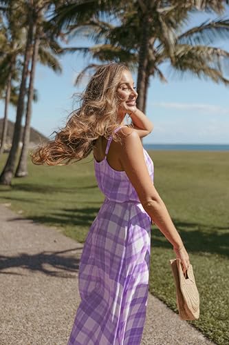 Image of LASPIA Spaghetti Strap Dresses for Women Plaid V Neck Maxi Sundress Beach Long Dress with Pockets