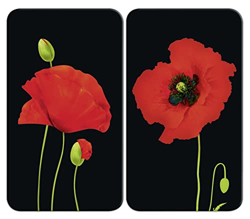 Maximex Protection plaque de cuisson en verre trempé, lot de 2, universel, avec pieds antidérapants, couvre plaque avec Motif 'Coquelicot', 3.48 kg, 30 x 52 cm