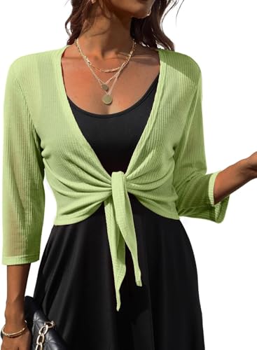 PrinStory Mujer Corbata Frontal Shrug Manga 3/4 Bolero Cardigan Ligero Verano Casual Bufanda Corta Top, avocado, L