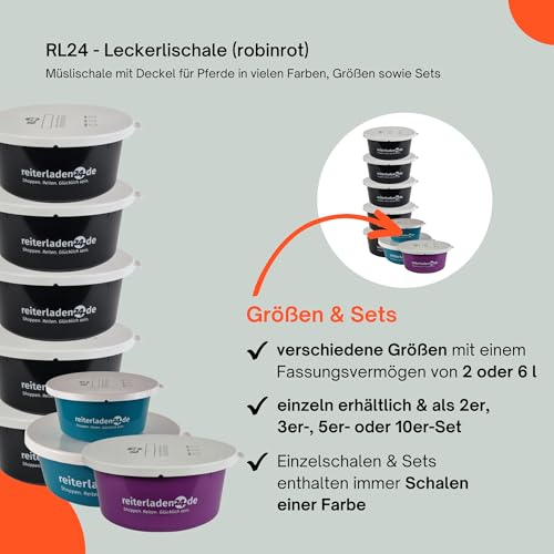 RL24 - Leckerlischale – Pferde Müslischale mit Deckel – Futterschale zur Aufbewahrung von Leckerli & Pferdefutter – Leckerli-Dose in Rubinrot – 5 Schalen á 2l (5er Set) – Pferdezubehör
