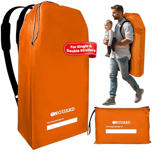 Image of ONGUARD Waterproof Single and Double Stroller Bag for Airplane - Travel Stroller Cover for Air Travel and Storage - Gate Check Bag Backpack- Baby Airplane Essentials - Orange