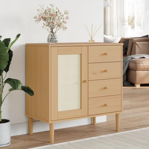 WRJENFSC Sideboard SENJA 80x40x80 cm Massiv-Kiefer mit Rattan-Optik,...