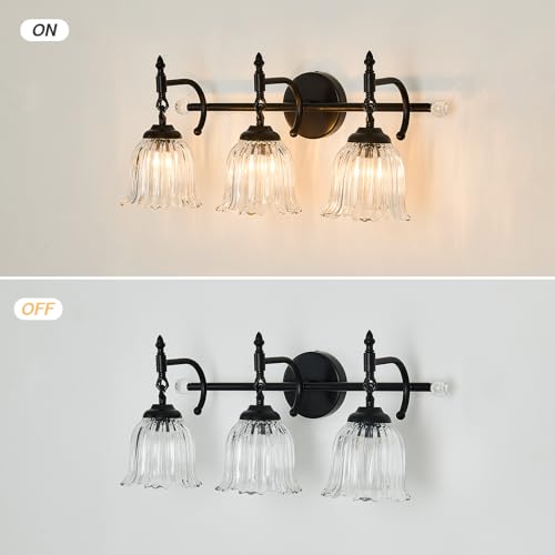 Image of CVKASH 3-Light Bathroom Vanity Light Fixtures Over Mirror,Black Modern Vanity Light with Glass Shade Vintage Wall Sconce for Bedroom Dressing Room Living Room Hallway Cabinet